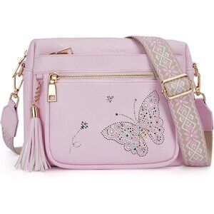 Women’s 04-pink Leather Purse Crossbody Bag Handbags Butterfly Design